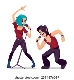 Dynamic rock duo performing live singing. Young girl and boy singer characters isolated on white. Cartoon vector illustration perfect for music-related projects or promotional materials.