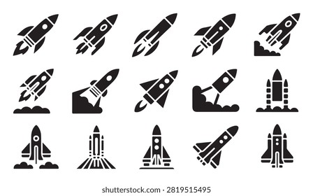 Dynamic rocket launch sequence icons illustrating liftoff with smoke and fire for space missions.