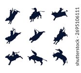Dynamic Rodeo Action Silhouette Set of Bull Riding in Motion