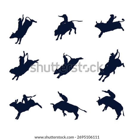 Dynamic Rodeo Action Silhouette Set of Bull Riding in Motion