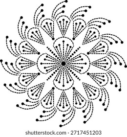 Elemento de projeto floral geométrico de rotação dinâmica da flor quadrábulo central com borda periférica de pétalas simples triangulares com botões de flor rotativos, desenho à mão sem emenda ilustração de vetor floral pontilhado com efeito de movimento dinâmico para bordados, tecido, almofada, cortinas, tapete, papel de parede, azulejos etc