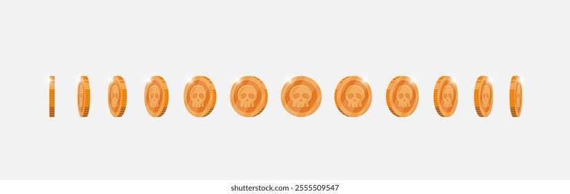 Dynamic rotation of bronze coin with skull emblem for video games. Metal achievement marker turns at multiple angles. Flat 3D asset for game or app motion graphics