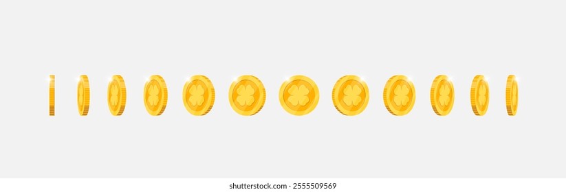 Dynamic rotation of gold coin with four leaf lucky clover emblem for video games. Metal achievement marker turns at multiple angles. Flat 3D asset for game or app motion graphics