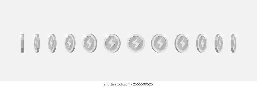 Dynamic rotation of silver coin with lightning bolt speed emblem for video games. Metal achievement marker turns at multiple angles. Flat 3D asset for game or app motion graphics