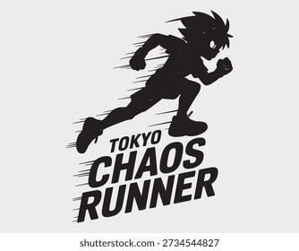 Silhueta dinâmica do corredor em movimento com texto do Tokyo Chaos Runner