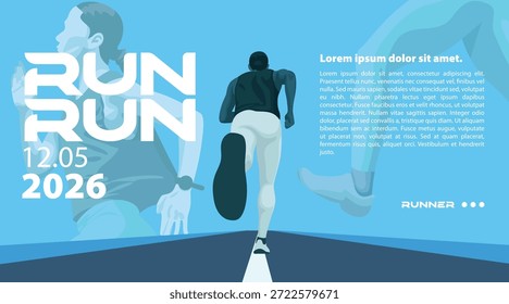 Dynamic Runner Sprinting on Road, Low Angle View, Horizontal Vector Illustration