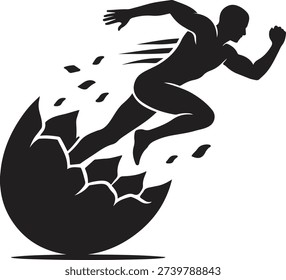 Dynamic running athlete silhouette breaking out of cracked sphere, symbolizing speed, power, breakthrough, determination, and personal growth. Minimalist black vector illustration isolated on light background, ideal for sports, motivation, success, and performance concepts.