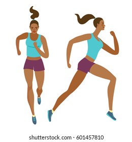 Dynamic running girl set. Front and side view. Sport and healthy lifestyle illustration for your design.