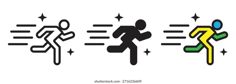 Icono de hombre de carrera dinámico con líneas de velocidad y estrellas. Perfecto para la marca deportiva, indicadores de velocidad de entrega e interfaces de aplicaciones de seguimiento de fitness.