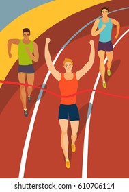 Dynamic running men crossing finish line on stadium.Competition event. Sport  illustration for your design.