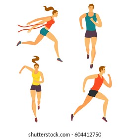 Dynamic running people set. Front and side view. Sport and healthy lifestyle illustration for your design.