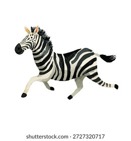 Dynamic running zebra illustration with classic stripes. Ideal for children's books, educational content, or vibrant safari-themed graphic design projects.