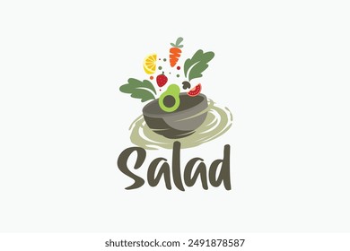 a dynamic salad logo with a bowl of salad for cafes, restaurants, food trucks, etc