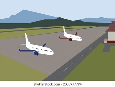 Dynamic Scene of a Commercial Aircraft Taking Off or Landing on a Bustling Airport Runway, Showcasing the Vibrant Sunset Sky and Surrounding Terminal Activity