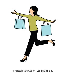 Dynamic scene features an animated woman running enthusiastically with arms outstretched, carrying light blue shopping bags, black hair, and wearing heels against a transparent backdrop.