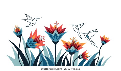 Cena dinâmica com quatro beija-flores em voo coletando néctar de flores geométricas azuis e vermelhas brilhantes.