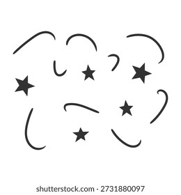 Uma cena dinâmica com várias estrelas girando em um movimento circular. As estrelas estão rodeadas por linhas curvas que criam uma sensação de movimento e energia. A composição geral é minimalista, mas cativante, com as estrelas e linhas contra um fundo branco.