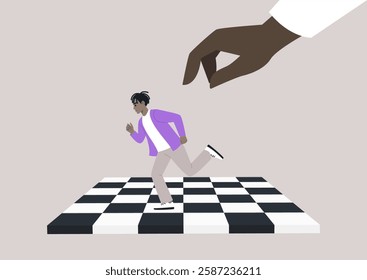 A dynamic scene unfolds as a chessboard character flees with determination, evading a large hand that threatens to capture