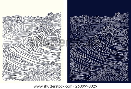 Dynamic sea wave abstract print. Modern vector artwork capturing the intensity and rhythm of rough ocean waters in minimalist line art.