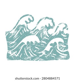 dynamic sea wave illustration with bold spray, foam, and swirl texture, rough handdrawn woodcut silhouette in rustic linocut style, perfect naive vector aesthetic for Mediterranean branding