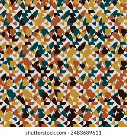 A dynamic, seamless abstract geometric pattern featuring autumnal colors like brown, orange, and teal.