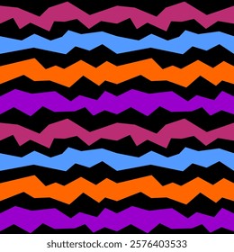 Dynamic seamless background pattern of colorful zigzag stripes set against a black . Colors from deep blue to orange, with additional accents of purple and pink.