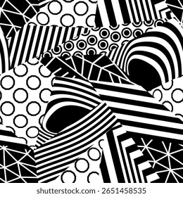 Dynamic seamless black and white patchwork with geometric elements. Popular abstract pattern in collage style. Collection of high contrast prints for fabric, wallpaper, cover, wrapping. Vector.