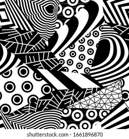 Dynamic seamless black-and-white pattern with elements of optical illusions. Modern abstract background. Op art, pop art styles. Can be used in design of fabric or packing etc.