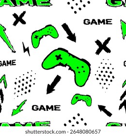 Dynamic seamless gaming pattern with green console controllers, arrows, grunge brush elements, and bold "GAME" typography. Perfect for boys' clothing, streetwear, kids fashion, and textile prints. Hig