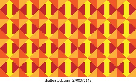 Flecha geométrica dinámica sin costuras y patrón de diamante diagonal. Un diseño de Vector brillante y retro en rojo, naranja y amarillo, adecuado para fondos de marca promocionales o energéticos