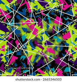 Dynamic seamless graffiti pattern with neon green, fuchsia, turquoise, and purple shapes, white geometric lines, paint splashes, and halftone texture on a black background.