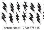 Dynamic seamless grunge lightning bolt pattern in black and white, featuring jagged, energetic shapes and distressed texture, perfect for edgy textile prints and graphic design