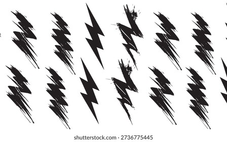 Dynamic seamless grunge lightning bolt pattern in black and white, featuring jagged, energetic shapes and distressed texture, perfect for edgy textile prints and graphic design