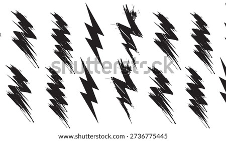 Dynamic seamless grunge lightning bolt pattern in black and white, featuring jagged, energetic shapes and distressed texture, perfect for edgy textile prints and graphic design