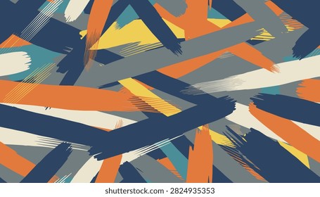 Dynamic seamless pattern of abstract colorful paint brush strokes in navy blue, vibrant orange, and gray tones.