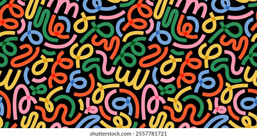 Dynamic seamless pattern with abstract curved lines and, squiggles on a black background. New year confetti dark backdrop. Perfect for festive celebrations, cards, and wrapping paper. Carnaval Party.