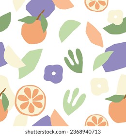 Dynamic seamless pattern with botanical elements and tangerine. Vector wallpaper perfect for textiles, natural product packaning or surface design
