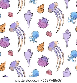 Dynamic seamless pattern with colorful jellyfish and seashells. Vector outline illustrations with watercolor gradient stains. Underwater design for fabric, packaging, or wrapping paper.