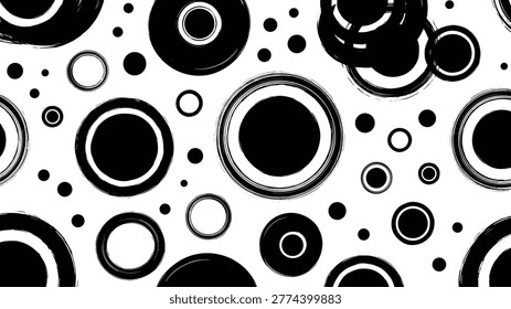 Dynamic seamless pattern composed of various black circles and rings, imbued with a distinct brush stroke texture, artfully placed on a white background.