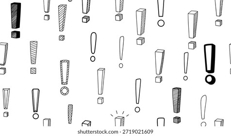 Patrón sin fisuras dinámico de diversos signos de exclamación dibujados a mano en varios estilos y tamaños para enfatizar en el trabajo de diseño creativo.