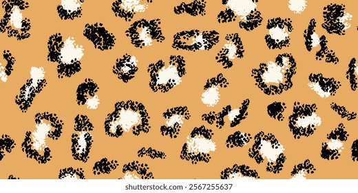 Dynamic seamless pattern featuring abstract black spots on a rich orange background. Minimalist animal-inspired plain print. Ornament for fashion textiles, modern decor, creative branding designs