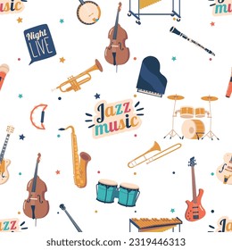 Dynamic Seamless Pattern Featuring An Assortment Of Jazz Instruments, Piano, Double Bass, Saxophone Vector Illustration