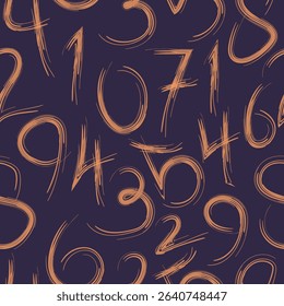 A dynamic seamless pattern featuring bold, hand-drawn orange numbers on a deep navy background. Ideal for educational materials, kids’ products, wrapping paper, and modern graphic designs.