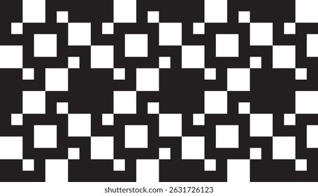 Padrão contínuo dinâmico com motivos quadrados escalonados em preto e branco contrastantes. Ideal para impressões de tecido, papel de embrulho ou projetos gráficos arrojados.