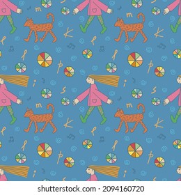 Dynamic seamless pattern with girl and dog on blue background. Hand drawn doodle style vector illustration of girl with dog. Fashion design for textile, wallpaper, fabric etc