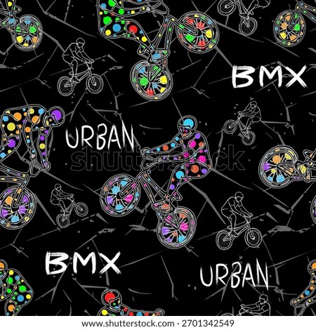 Dynamic seamless pattern with neon BMX riders on a dark cracked background. Energetic street design perfect for sportswear, urban fashion, textile prints, and youth projects.