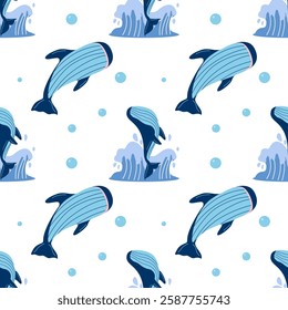 A dynamic seamless pattern showing whales breaching the ocean’s surface. This energetic design is ideal for ocean-inspired fabrics, wallpapers, and more.