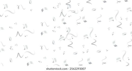 A dynamic, seamless pattern of silver confetti and streamers falling on a transparent background, offering a realistic, decorative look perfect for enhancing the aesthetic of party decor or festive ev