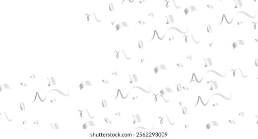 A dynamic, seamless pattern of silver confetti and streamers falling on a transparent background, offering a realistic, decorative look perfect for enhancing the aesthetic of party decor or festive ev