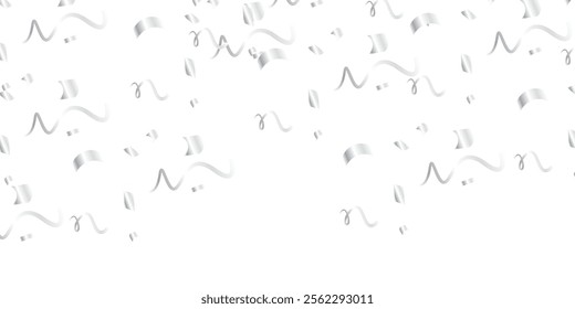 A dynamic, seamless pattern of silver confetti and streamers falling on a transparent background, offering a realistic, decorative look perfect for enhancing the aesthetic of party decor or festive ev